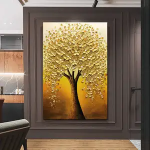 Custom Luxury 3d Carved Oil Painting Relief Painting Golden Flower Tree In Other Home Decor Large Paintings