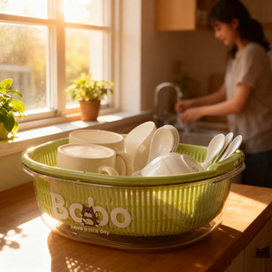 Babo Double Layer Draining Rack Oval L Size <b>Stackable</b> Kitchen Sink <b>Basket</b> Vegetable Fruit Washing Tool - Product Image 3