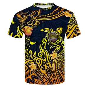 T-shirt jaune homme, design tribal de style polynéen, impression 3D, tortue de mer, smouri, été