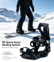 Fixation de snowboard noire Step-on style alpin avec sangle réglable pour entrée rapide, freestyle et tout-terrain