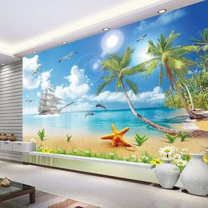 Murale 3D HD personnalisée, toile murale 5D Paysage de plage avec cocotiers pour fond de télévision de salon - Product Image 4