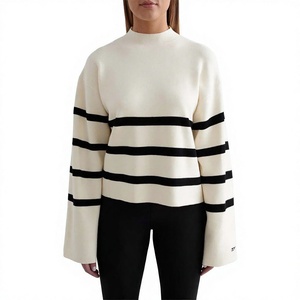 Nouveau pull à capuche pour femme en 100 % pure laine avec strass, imprimé sur le devant, col montant, fermeture éclair, épais, rayé, en cachemire tricoté, couche de base - Product Image 1
