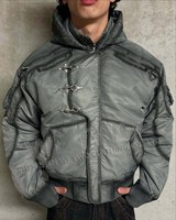 Blouson Bomber Homme Élégant en Nylon Imperméable Hiver avec Capuche, Fermeture à Boucle Homard OEM, Effet Délavé Acide, Style Pilote et Pompier