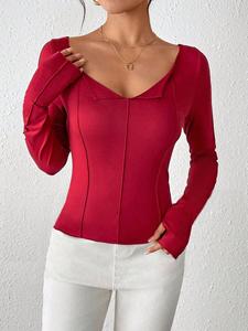 Omuzları Açık V Yaka Dikişli Uzun Kollu Dar Kesim Crop Top Kadın Günlük Y2K Bluz - Product Image 4