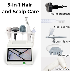 เครื่องวิเคราะห์หนังศีรษะและกระตุ้นการเจริญเติบโตของเส้นผม 5-in-1 พร้อมโอโซนบำบัด หวีไฟฟ้านวด ฉีดออกซิเจน และเครื่องนวดศีรษะด้วยไมโครเคอร์เรนท์ - Product Image 1