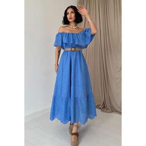 Vestido maxi azul bebé bordado con hombros descubiertos, corte en A con hombros elásticos para adultos, vestidos de fiesta. - Product Image 4