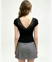 Chemisier décontracté pour femme, col en V, manches courtes, dentelle, orné de perles, nœud rose, coupe ajustée, découpe frontale, style doux