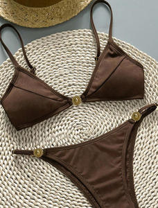Conjunto de Bikini de Dos Piezas para Mujer, Triangular, Acanalado, Sólido, sin Espalda, con Tirantes Finos Ajustables, Corte Alto, Spandex/Poliéster, Transpirable, de Secado Rápido - Product Image 5