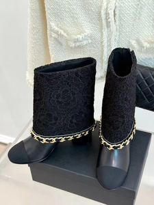 Botas de Mujer de Diseño de Lujo, Punta Redonda, Cuero Genuino, Tacón Grueso, Malla Vaquera, Cadena Metálica, Tacón Alto a Media Pierna - Product Image 3