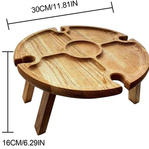 Wooden Folding <b>Picnic</b> <b>Table</b> Round Acacia Outdoor <b>Table</b> With Wine Glass Holder <b>Portable</b> 30x30x16cm - Product Image 2