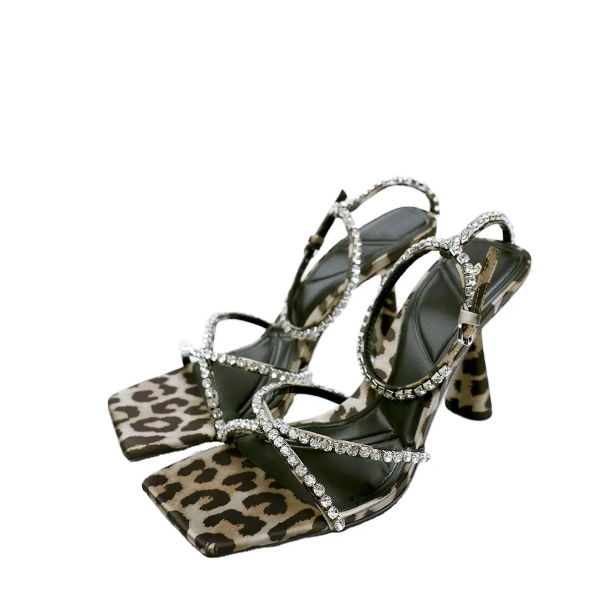 Square head Rhinestone Leopard Print Luxury for ladies high heel shoes women sandal party Pumps sexy stiletto fashion heels