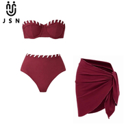 JSN 2026 Nouveau design personnalisé Ensemble bikini deux pièces bandeau uni taille haute avec jupe de plage Maillot de bain sexy Tenue de plage pour femmes