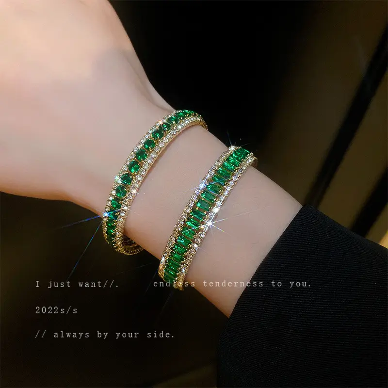 Корейский бриллиантовый браслет с блестками и зеленым камнем, Теннисный изумрудно-зеленый браслет