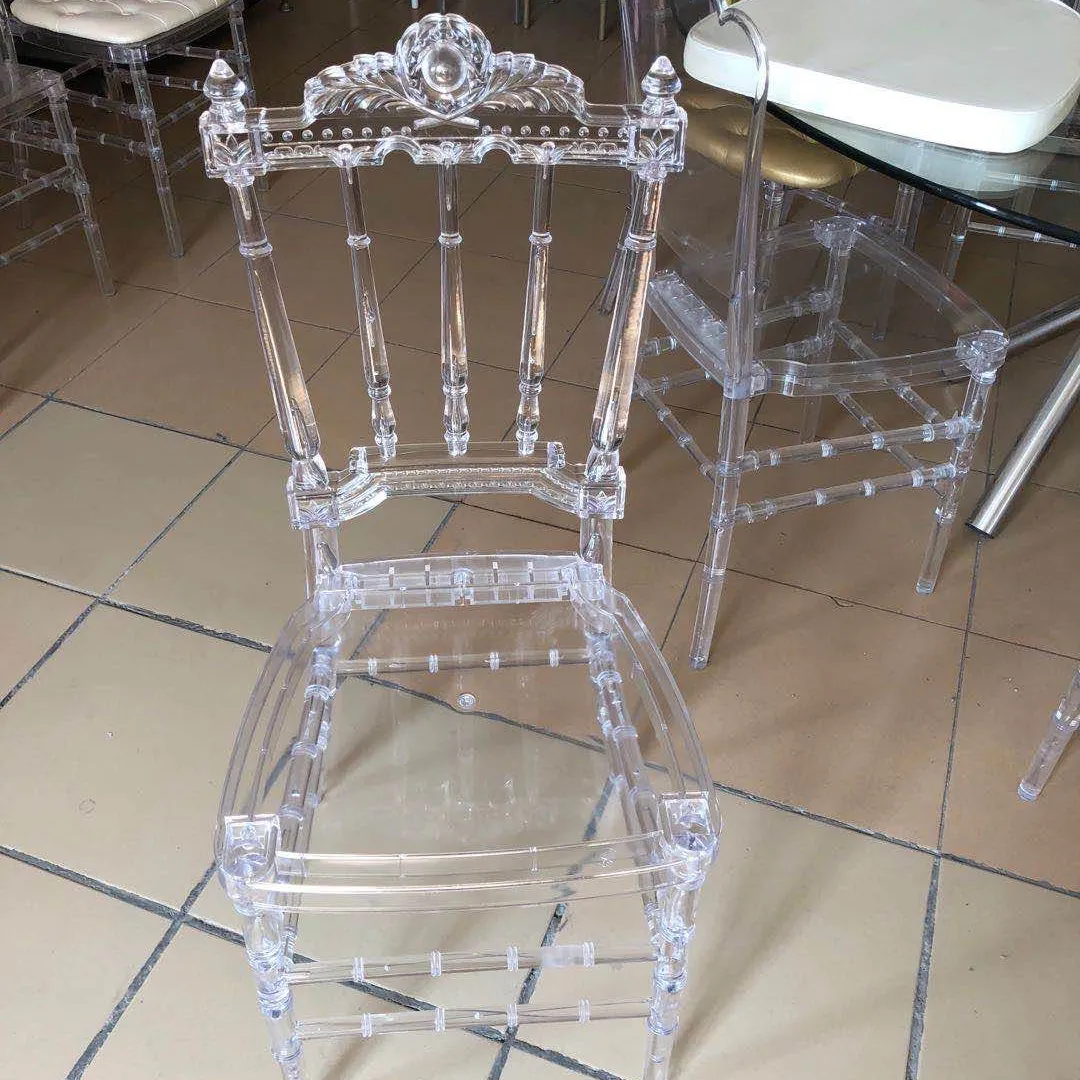 เก้าอี้งานแต่งงานอะคริลิคใสป้องกันรังสีอัลตร้าไวโอเลต Chiavari สำหรับเก้าอี้รับประทานอาหารใสขายส่ง