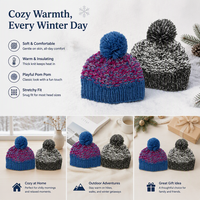 Bonnet d'hiver tricoté à la main pour femme, bleu marine, couleurs mélangées, avec pompon, bonnet épais et chaud, bord côtelé, doux, pour l'extérieur, usage quotidien, décontracté, OEM