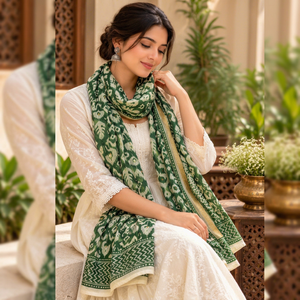 En gros, Paréo Sarong Écharpe en Coton Vert Foncé pour Femme, à Imprimé Tribal Crème Abstrait, Mode Bohème d'Été, Foulard de Cou - Product Image 1