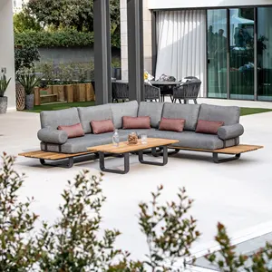 Luxus Outdoor Garten Aluminium Sofa Set Möbel Ecke Gruppe Set mit 4 Taillen kissen Teak Tisch