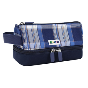 Estuche para lápices SENDA Smile Plaid con doble compartimento con cremallera, diseño a cuadros azul y blanco, material de nailon para almacenamiento de artículos de papelería - Product Image 2
