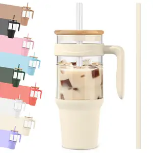 Garrafas De Água De Vidro 40 oz Copo De Café Gelado Copo De Vidro Com Tampa De Bambu E Palha Com Alça Com Luva De Silicone