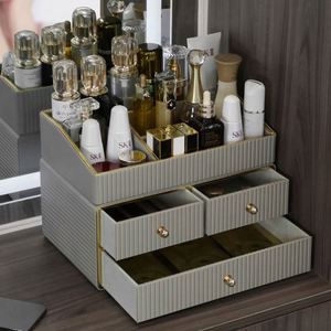 MAVOBO Light Luxury Leather Desktop Exquisite Assembly Double Tier Makeup Cosmetic <b>Storage</b> <b>Box</b> <b>Drawer</b> Organizer - Product Image 3