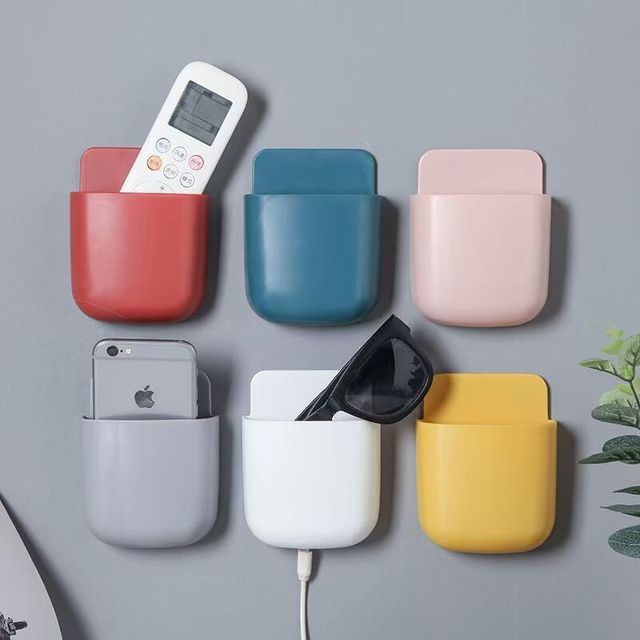 Wall-mounted Storage Box for TV and Air Conditioner Remote Controls, No-Drill Bedside Phone Charging Stand, Organizer Rack