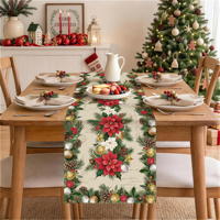 Chemin de table de Noël Poinsettia 210 GSM, décorations de Noël, fleurs rouges et blanches, feuilles, cloches de Noël, décoration de table de cuisine et de salle à manger