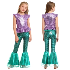 6-16 Kids Girls Mermaid Costume Top With Ruffle <b>Flared</b> Pants Sets For Theme Party Lyrical Dance Costumes - Product Image 4