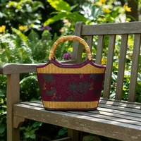Sac à main en bambou de style ethnique avec sac de rangement, imprimé satiné, tissé à la main, sac fourre-tout d'été pour femmes