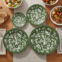 Service de vaisselle de luxe en céramique et porcelaine, décor floral vert vintage, toutes couleurs personnalisables