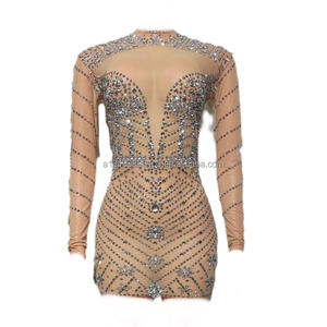 Peccato B Mesh elasticizzato attillato Sexy pieno di diamanti gonna corta Nightclub DJ Stage squadra costumi Sexy per Performance da festa - Product Image 1