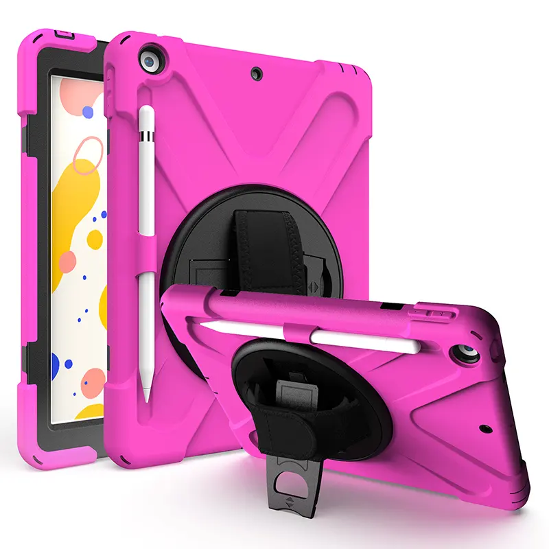 Per iPad 10.2 9 ° 2019 2020 custodia rigida per tablet in silicone per bambini con paraurti in silicone spesso con cinturino a mano 360 cavalletto pieghevole rotante