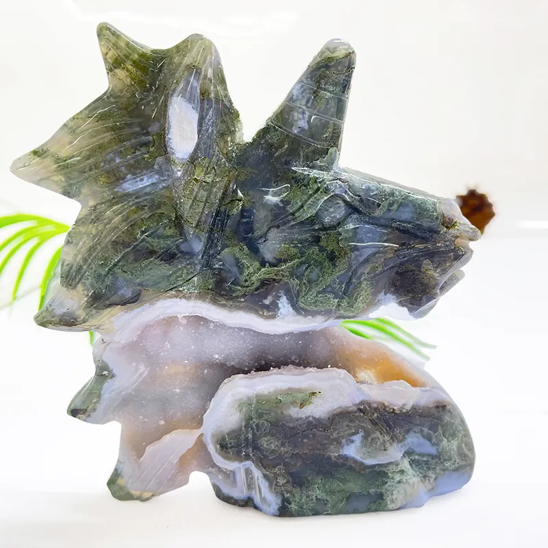 Cristal Natural de alta calidad, tallado a mano, Ágata verde musgo, Geode, unicornio drusa, gran oferta