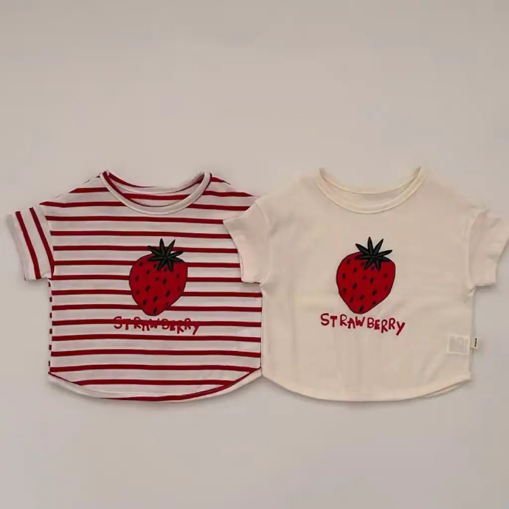 도매 2023 귀여운 아기 소녀 여름 딸기 셔츠