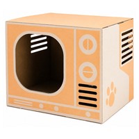 Maison pour chat en carton en forme de téléviseur avec fenêtre et motif empreinte de patte, pour chats de tous âges, vente en gros, direct usine