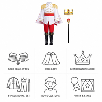 Ensemble de Costume de Prince Royal pour Garçon, 5 Pièces : Veste Blanche, Épaulettes à Franges Dorées, Cape Rouge, Écharpe, Couvre-Bottes, Couronne à Gemmes, Sceptre
