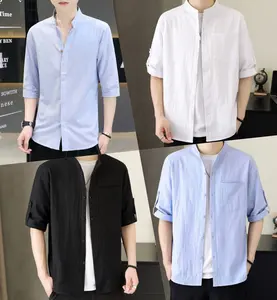 Custom Print Clothes Supplier Button Down Collar Men's Solid White Blank Embroidered Hemp Linen Blouses Dress Shirt