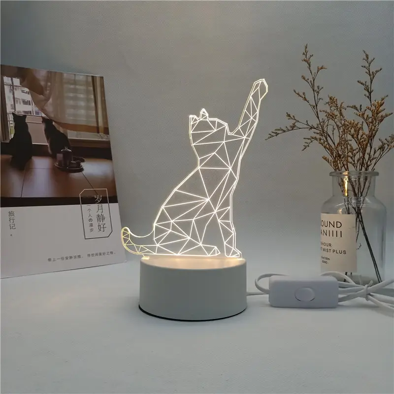 حار بيع 3D التصميمات لوح أكريليك OEM مخصص الفني الصمام ليلة ضوء 3d_illusion_lamp القط ليلة الخفيفة للأطفال هدية