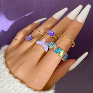 Go Party 7 buah/set cincin jari kupu-kupu Enamel kristal ungu berlian imitasi mata setan gelombang putar geometris cincin buku jari wanita