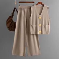 Ensemble assorti décontracté d'été respirant pour femme - Gilet boutonné en polyester/coton tricoté uni et pantalon large