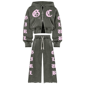Women’s Washed Gothic Letter Print Cropped Hoodie & Wide Leg Sweatpants <b>Set</b> Custom Sinewy Sports Streetwear Tracksuit - Product Image 6
