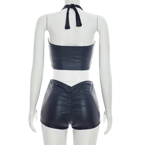 Viviblook Q26ST070 Women Summer <b>Set</b> <b>Sexy</b> Sleeveless Halter Vest Crop Top Skinny Mini Shorts Solid Color Two Piece <b>Set</b> - Product Image 6