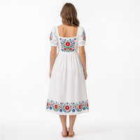 Robe décontractée pour femme, col carré, manches bouffantes, broderie florale, robe midi, coton 220GSM, coupe trapèze, logo personnalisé, OEM, robe décontractée