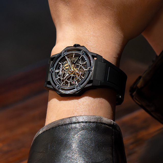 Stylish Men's Round Mechanical Watch-Black Titanium Case Sapphire Crystal Glass Rubber Band Power Reserve Transparent Case Back