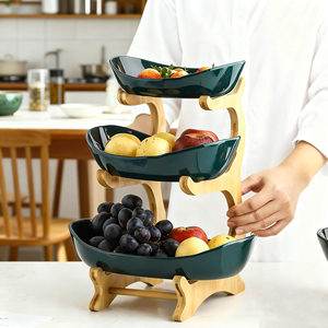 Factory Custom Decorative 3 Tiers Ceramic Fruit <strong>Candy</strong> Dish <strong>Tray</strong> Cake Stand Fruit <strong>Tray</strong> with Bamboo Stand - Product Image 2