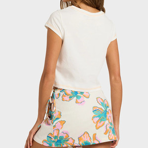 OEM Custom Beach Floral Print Crew Neck Crop <b>Top</b> High-Quality Breathable <b>Linen</b> Cotton Baby T-Shirt - Product Image 2