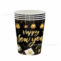 Assiettes, gobelets et serviettes en papier à thème du Nouvel An noir et or, ensemble de fournitures de fête jetables, vente chaude