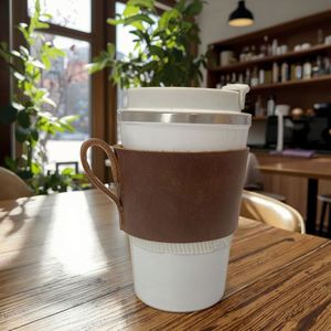 Cowhide Leather Bottle <b>Wrap</b> Handle Personalized Coffee Cup Sleeve Tea Mug Holder Reusable Promotional Fashion Welcome Gifts - Product Image 5