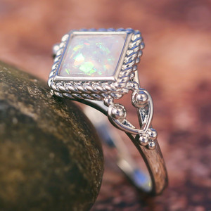 Anello vintage a rombo cavo per donna, design con pietra color opale intarsiata, gioielli alla moda - Product Image 3