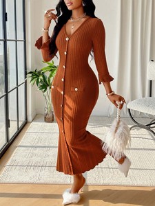 Abito da donna Sexy con scollo a V a maniche svasate abbottonatura <span class=keywords><strong>in</strong></span> <span class=keywords><strong>maglia</strong></span> abito sottile elegante maglione lungo taglia libera - Product Image 5