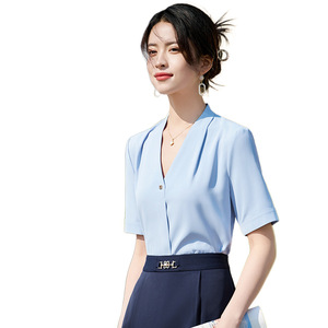 White Chiffon Satin Blouse Short Sleeve V Neck Elegant Office Shirt Women's Top Solid Color Polyester Fabric - Product Image 5